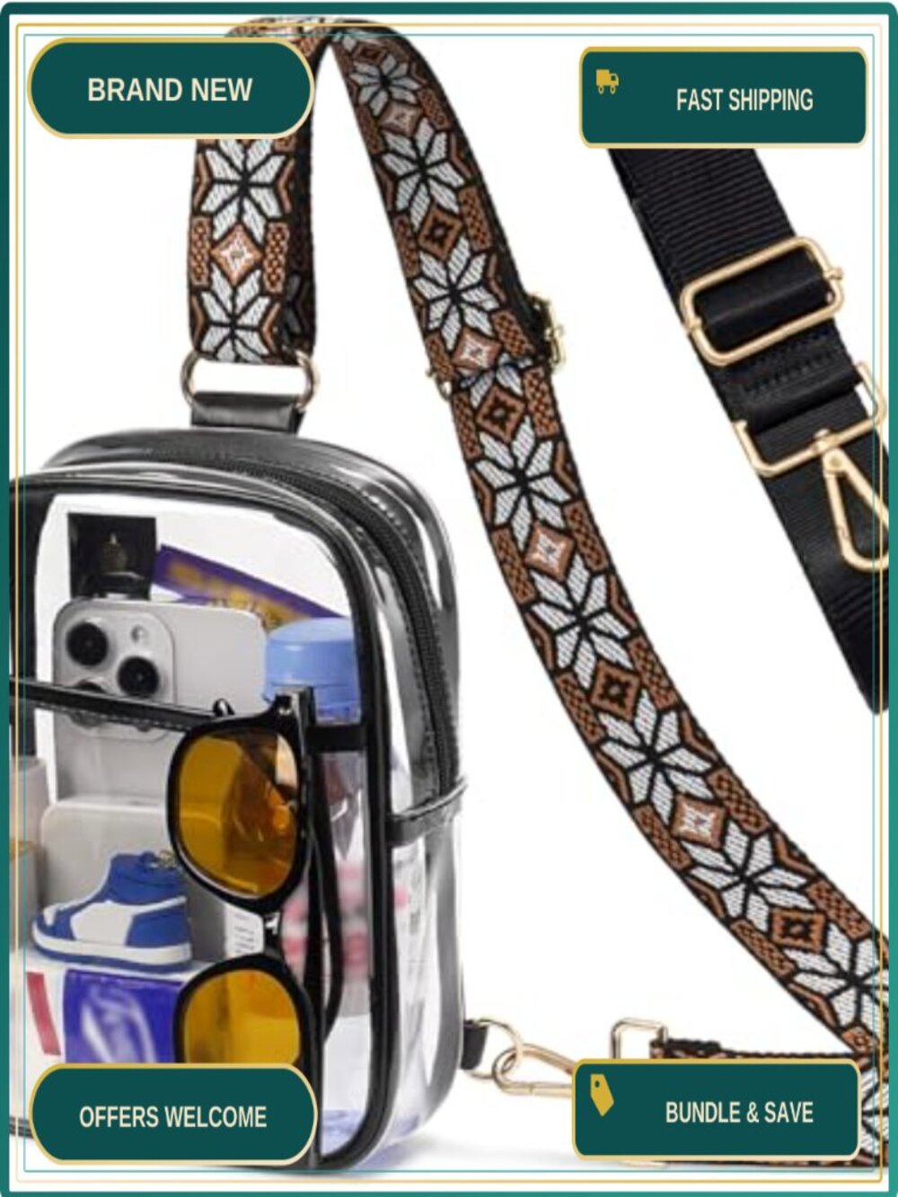Clear Crossbody Sling Purse Stadium Approved 2 Straps PVC Bag